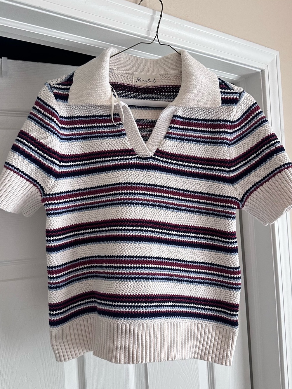 Madewell Cream Short-Sleeve V-Neck Striped Sweater with Navy & Burgundy